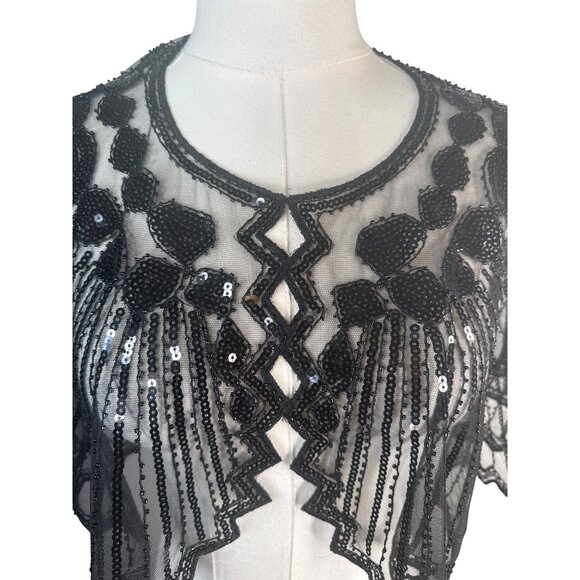 Black Sequin OS Beaded Sheer Capelet Shawl NWT - Picture 5 of 13